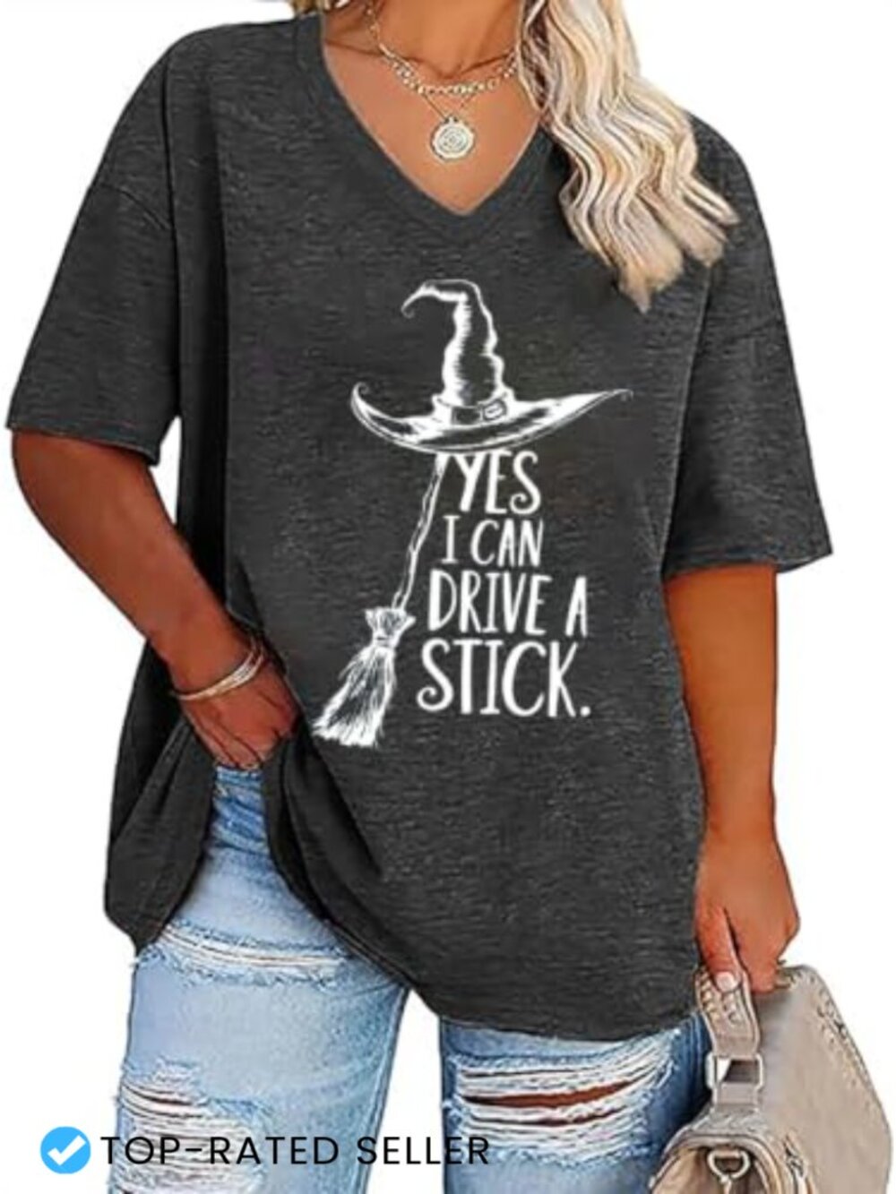 Plus Size Hocus Pocus Halloween Tee Women Loose V-Neck Graphic T-Shirt
